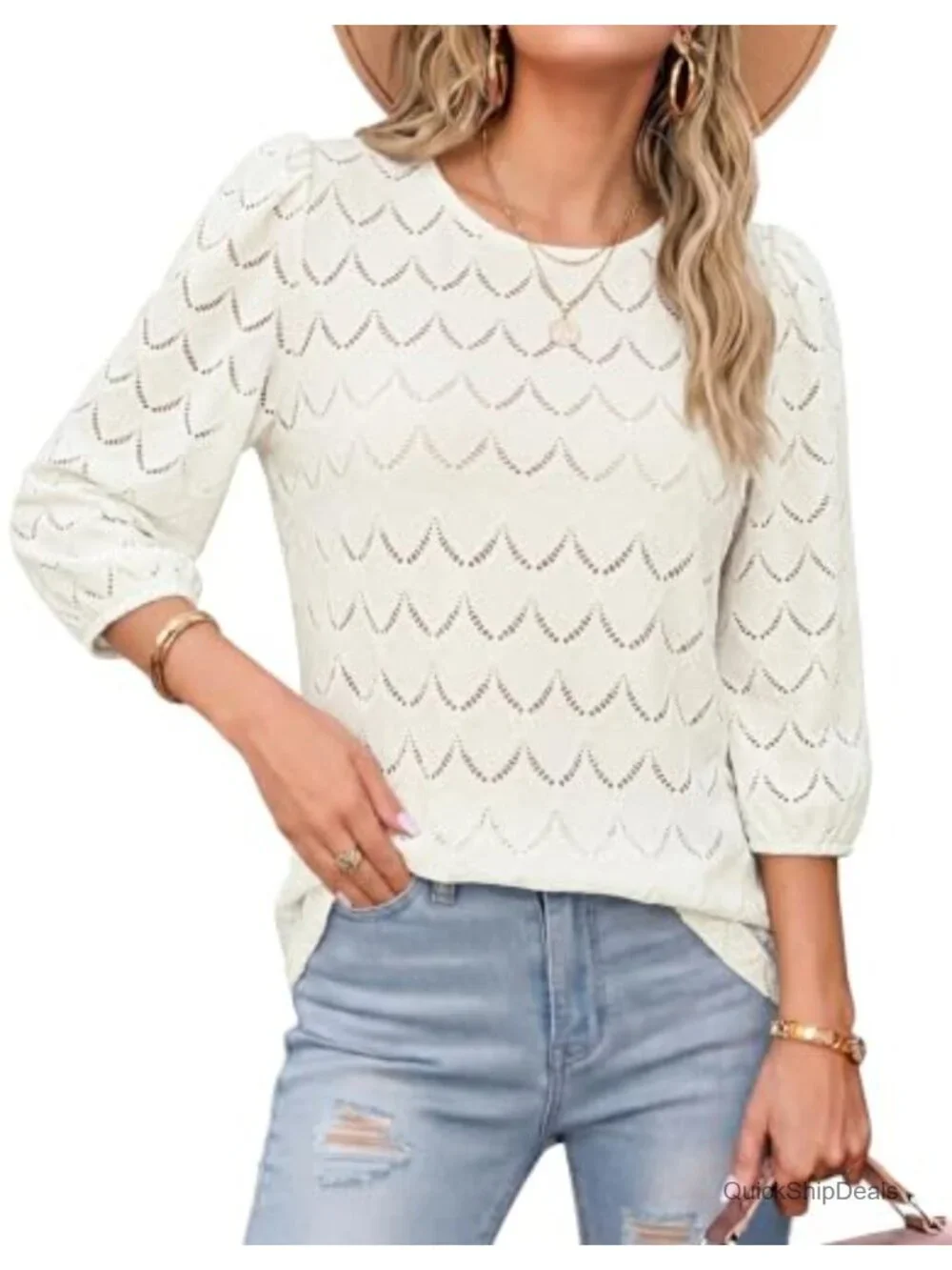 Women's Embroidered Eyelet Blouse 3/4 Sleeve Puff Sleeve Crew Neck